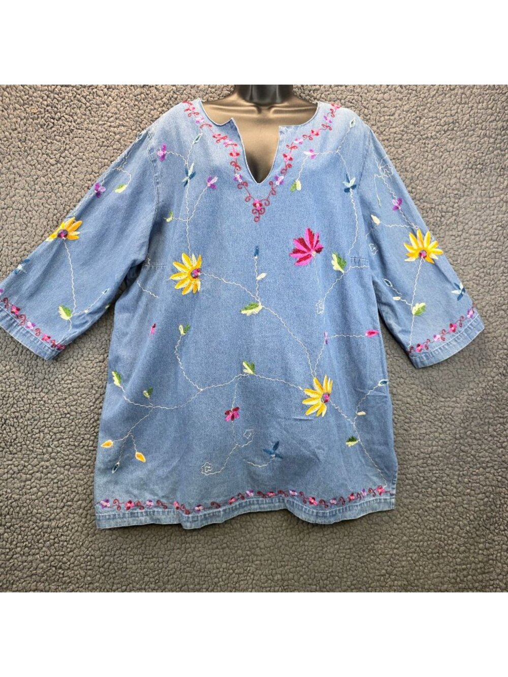 Tanzara Embroidered Denim Tunic 2X Blue Floral Boho Festival Indie Cottagecore